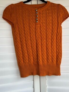 Crewneck Cable Knit Short-Sleeve Sweater - Orange